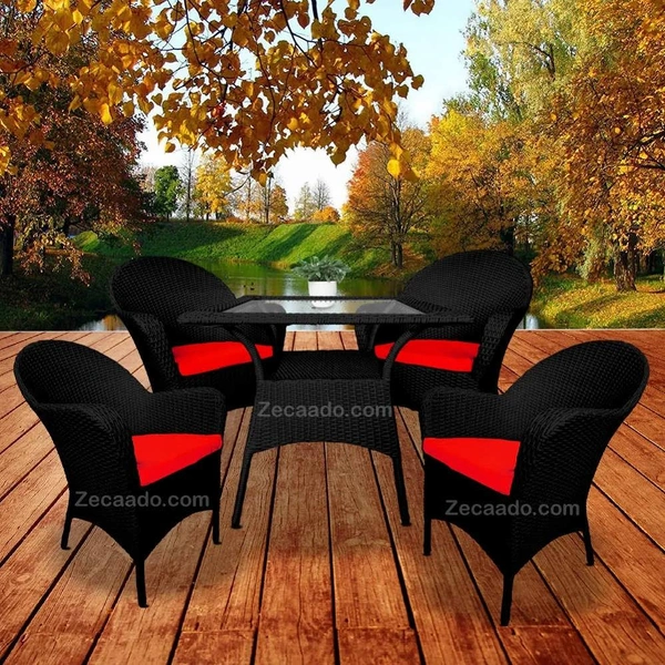 Zecado Pristine 4 Seater Wicker Lawn Chair Set in Black Corduroy Finish with Off-White Cushions - Black, Red