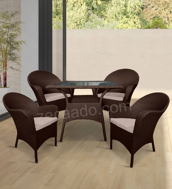 Zecado Pristine 4 Seater Wicker Lawn Chair Set in Brown Corduroy Finish with Off-White Cushions - Brown, Off-White