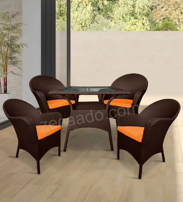Zecado Pristine 4 Seater Wicker Lawn Chair Set in Brown Corduroy Finish with Off-White Cushions - Brown, Orange
