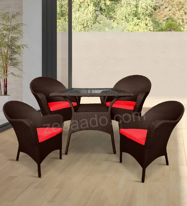 Zecado Pristine 4 Seater Wicker Lawn Chair Set in Brown Corduroy Finish with Off-White Cushions - Brown, Red