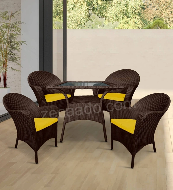 Zecado Pristine 4 Seater Wicker Lawn Chair Set in Brown Corduroy Finish with Off-White Cushions - Brown, Yellow