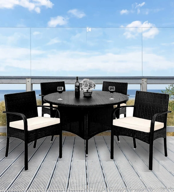 Zecado Texas 4 Seater Outdoor Dining Set in Black Couduroy Finish with Off-White Cushions - Black