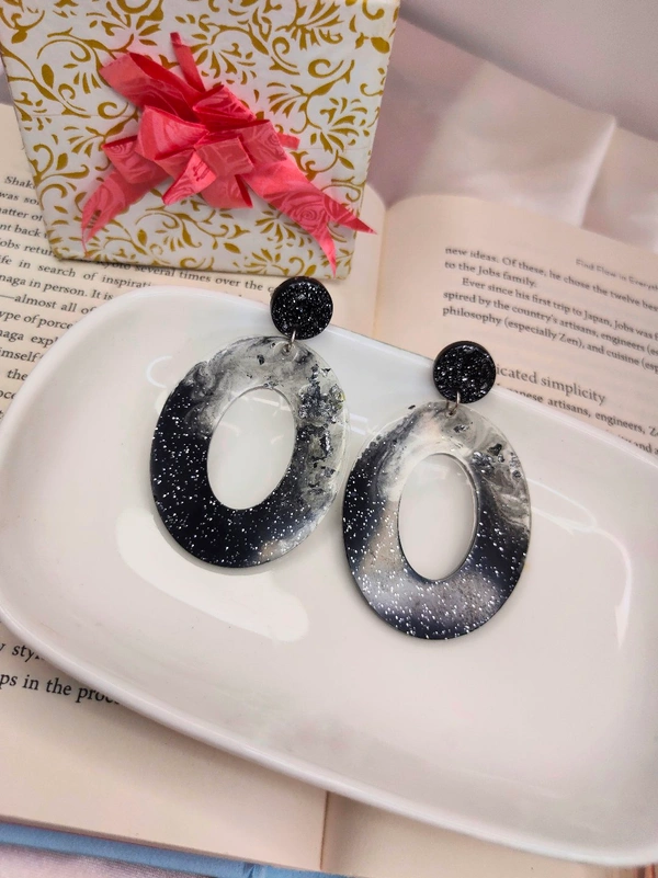 Gorgeous Blue Oval Earring- Resin Art.  - black