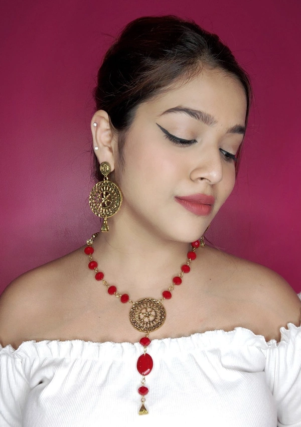 Gorgeous Red Gold Plated Necklace With Earring