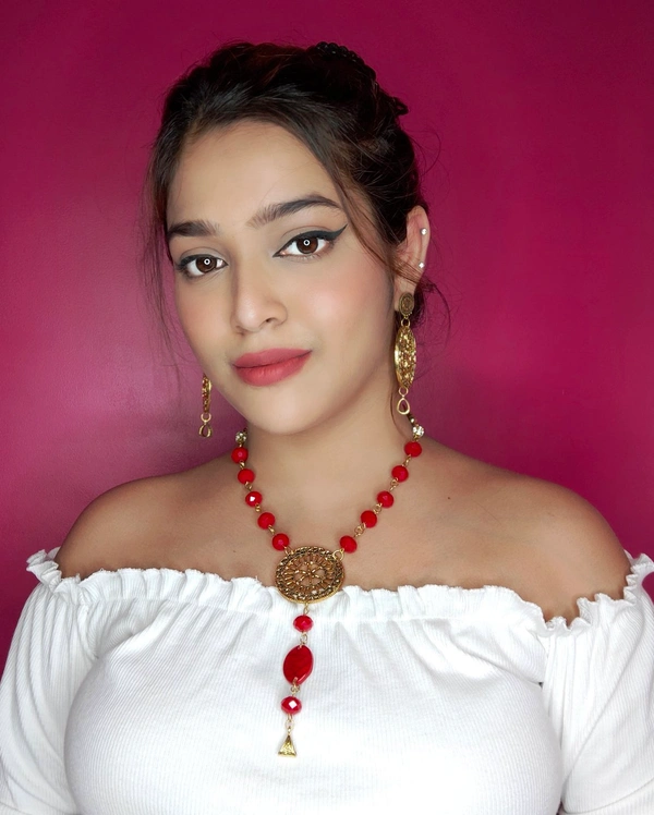 Gorgeous Red Gold Plated Necklace With Earring