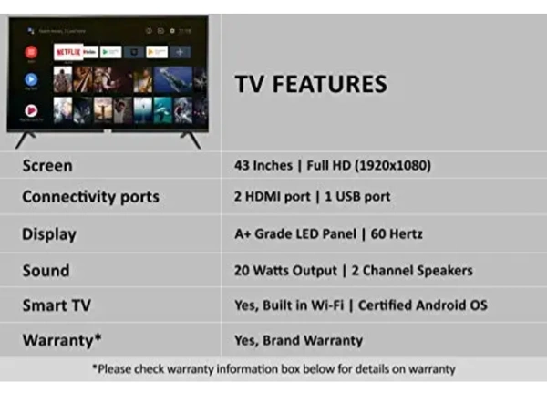 TCL 43 INCH ANDROID TV - BLACK, 43 INCH