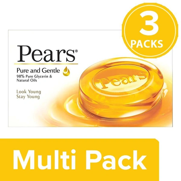 Pears Moisturising with Glycerine Pure & Gentle - For Golden Glow Bathing Bar Soap 3x125 g - Pack of 3 - 3x125 g