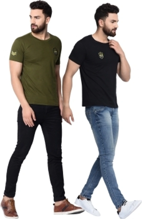 London Hills Solid Men Round Neck Black ,Green T-shirt  - Black , S