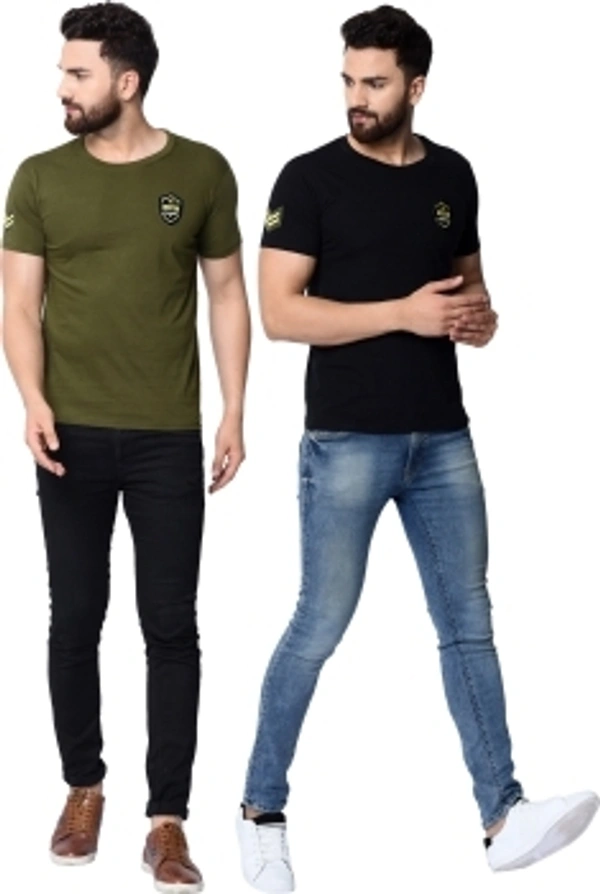 London Hills Solid Men Round Neck Black ,Green T-shirt  - Green , M