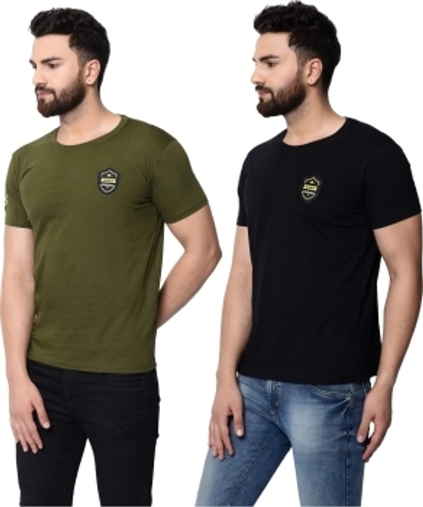 London Hills Solid Men Round Neck Black ,Green T-shirt  - Green , M