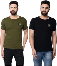 London Hills Solid Men Round Neck Black ,Green T-shirt  - Green , L