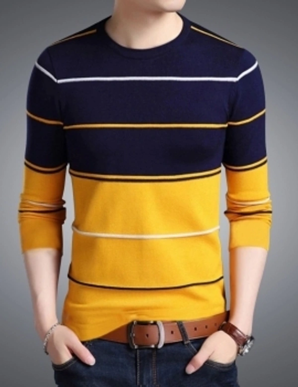 Seven Rocks Striped Men Round Neck Yellow T-Shirt - Yellow-black, XS