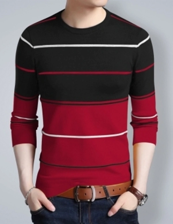 Seven Rocks Striped Men Round Neck Yellow T-ShirtColor: Beige-Olive-Tan1, Black-Beige-White1, Dark Navy-White-Red, Dark Navy-White-Red1, Grey-Black-White, NavyBlue-LightGrey-White, Red-Black-White, Yellow, Yellow Dark Navy WhiteSize: XS, S, M, L, XL, XXLFabric: Cotton BlendRegular Fit Round Neck T-shirtPattern: StripedSleeve Type: Narrow Full Sleeve14 Days Return Policy, No questio - Red-black, XS