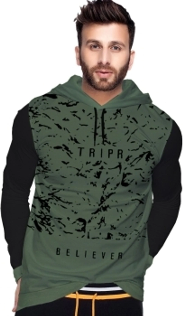 TRIPR Printed Men Hooded Neck Dark Green, Black T-Shirt - Olive green , S