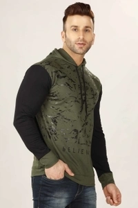 TRIPR Printed Men Hooded Neck Dark Green, Black T-Shirt - Olive green , S