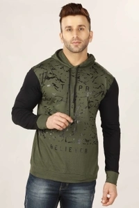 TRIPR Printed Men Hooded Neck Dark Green, Black T-Shirt - Olive green , S