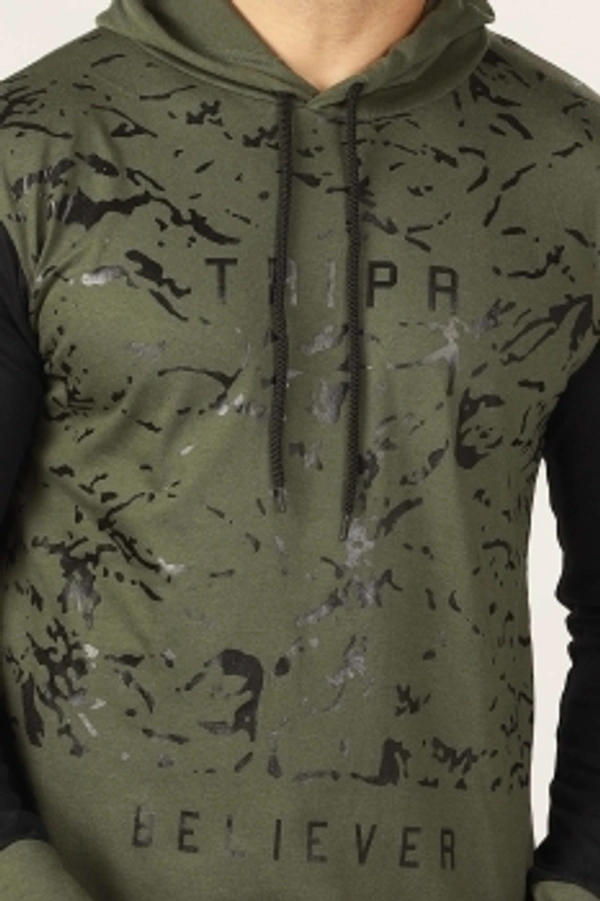 TRIPR Printed Men Hooded Neck Dark Green, Black T-Shirt - Olive green , S