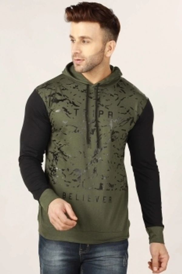 TRIPR Printed Men Hooded Neck Dark Green, Black T-Shirt - Olive green , S
