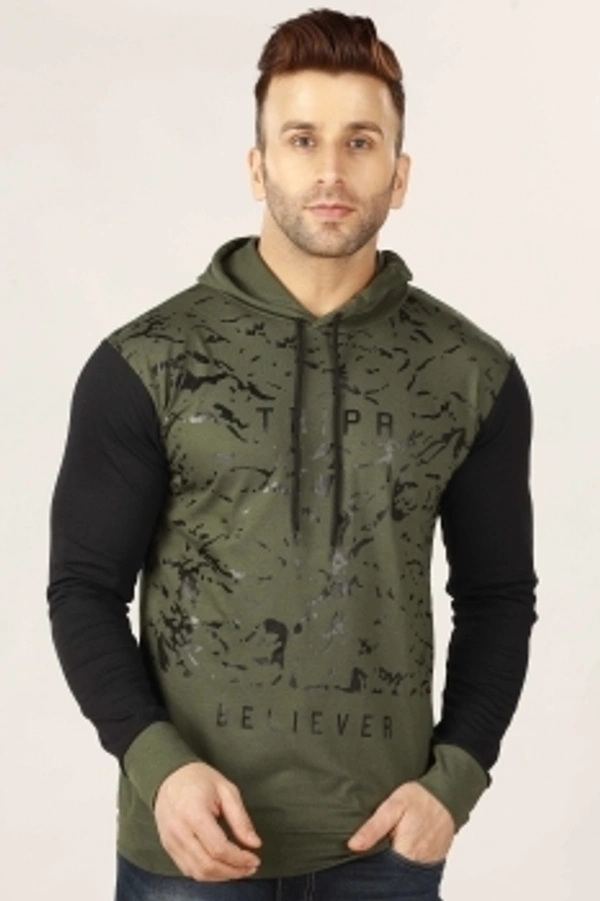 TRIPR Printed Men Hooded Neck Dark Green, Black T-Shirt - Olive green , S