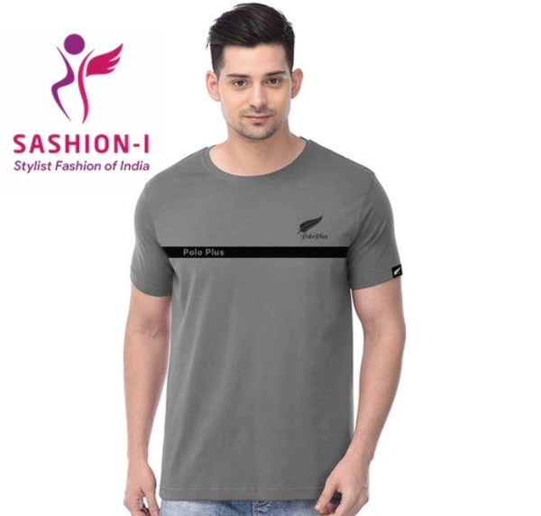 Polo Plus Men Grey Text Printed Half Sleeve Cotton T-Shirt - Grey