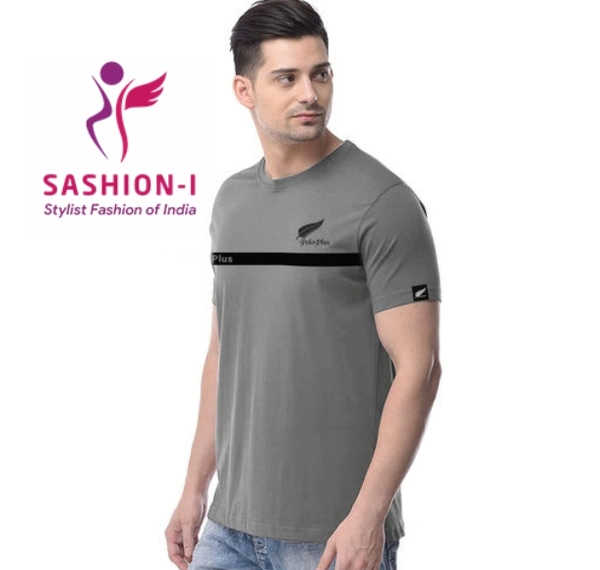 Polo Plus Men Grey Text Printed Half Sleeve Cotton T-Shirt - Grey
