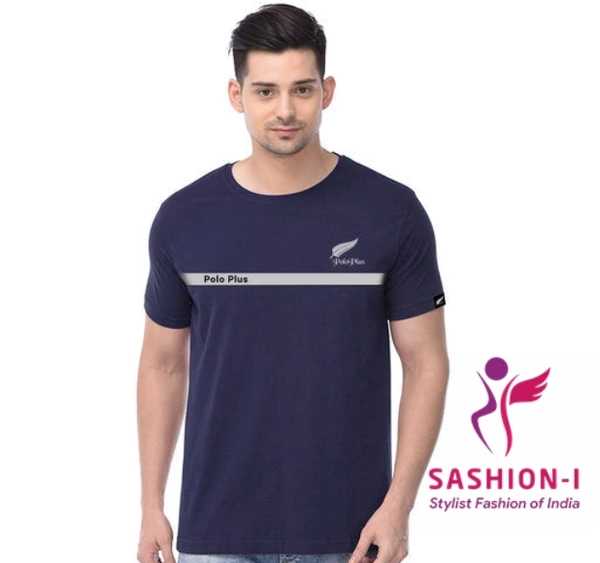 Polo Plus Men Navy Blue Text Printed Half Sleeve Cotton T-Shirt - Navy Blue