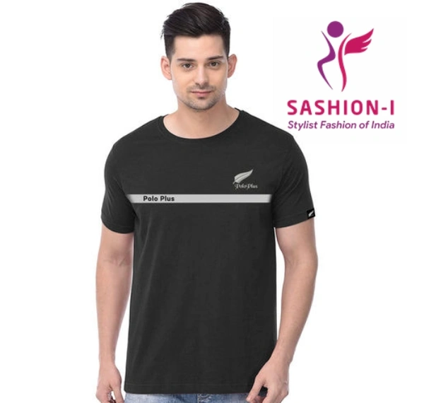 Polo Plus Men Black Text Printed Half Sleeve Cotton T-Shirt - Black
