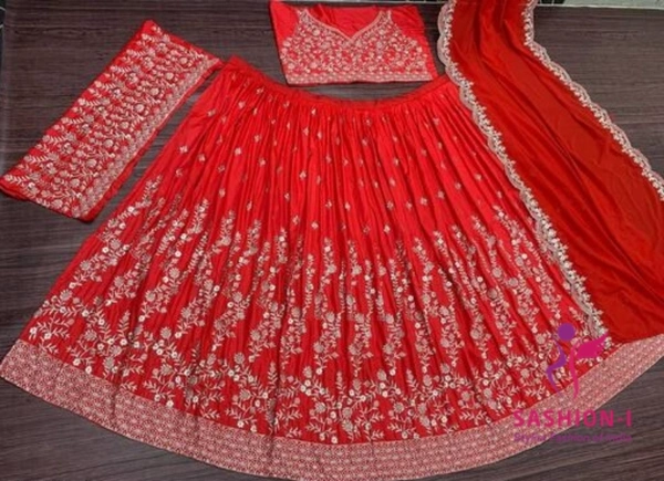 DESIGNER WEDDING WEAR EMBROIDERY WORK LEHENGA WITH DUPATTA - Red