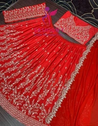 DESIGNER WEDDING WEAR EMBROIDERY WORK LEHENGA WITH DUPATTA - Red