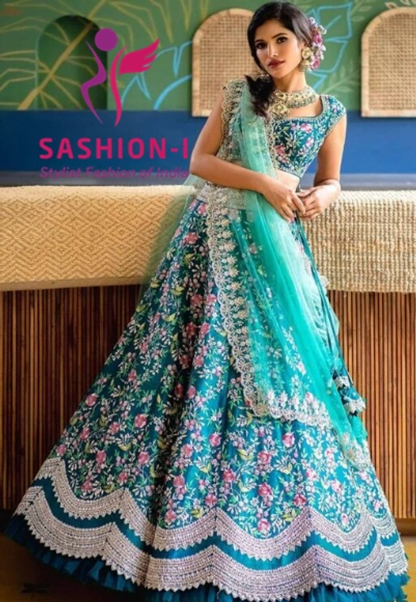 Aqua Blue Designer Party wear Embroidered Work Malay satin Material Lehenga Choli - Aqua Blue