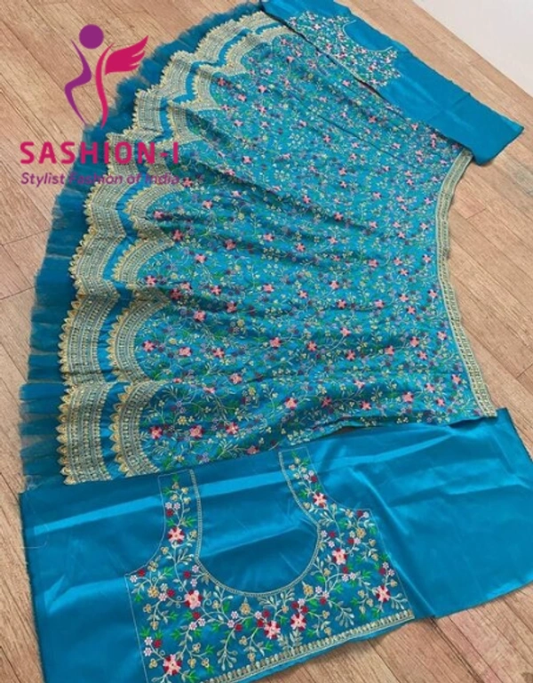Aqua Blue Designer Party wear Embroidered Work Malay satin Material Lehenga Choli - Aqua Blue