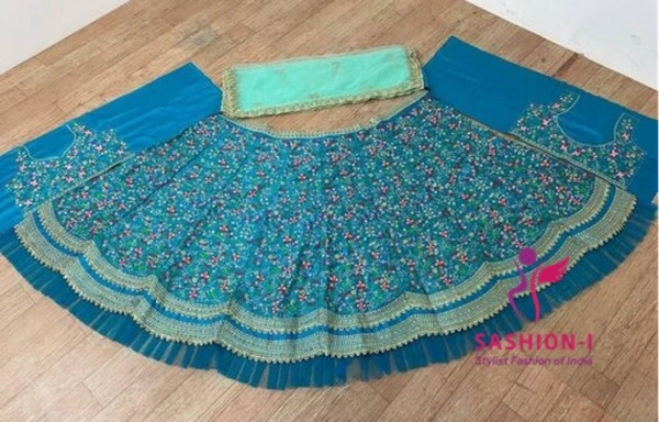 Aqua Blue Designer Party wear Embroidered Work Malay satin Material Lehenga Choli - Aqua Blue