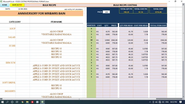 Food Costing Professional Format
