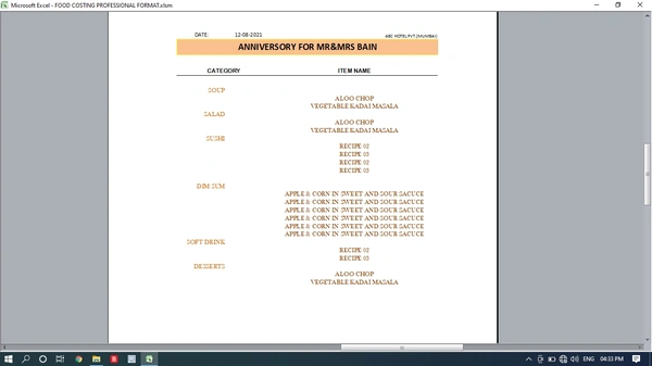 Food Costing Professional Format