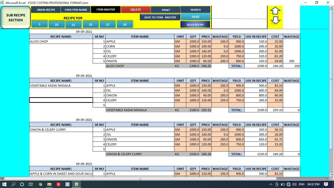 Food Costing Professional Format