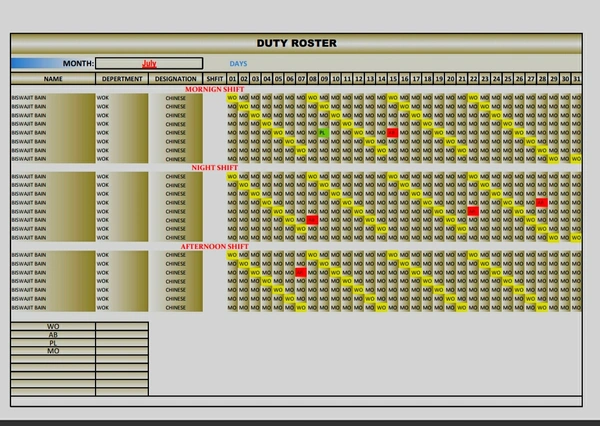 Duty Roster Format For (Mobile & PC)  - Classic, Gold, 1 month