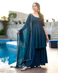 Heavy Kurta Sharara Set - blue