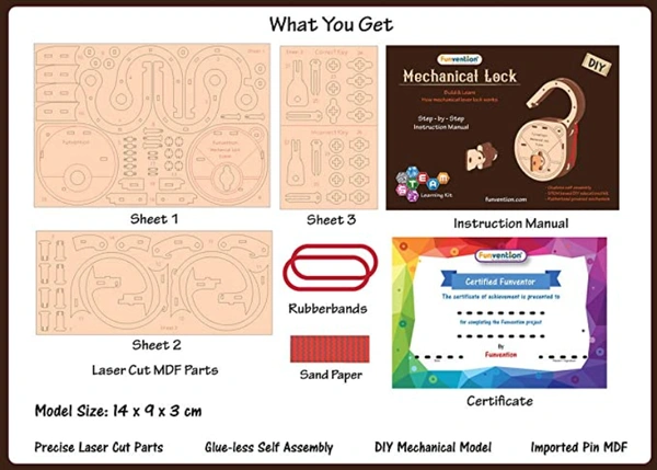 Funvention |DIY Mechanical Lock with Key - Build Working Lock Yourself - STEM Learning Utility Kit - Brown, 60+, Yes, No, Engineered Wood, 27 x 19 x 4 cm, Funvention, 250 grams, Shipping Charges will be added during checkout. Order will be shipped within 2-4 working days. Delivery time may vary due to COVID-19 , rainy season and delivery location.  TrackingID will be provided  to check the  real time status of delivery. For any further queries related to order, Kindly send what's app to PieceofPassion Custo