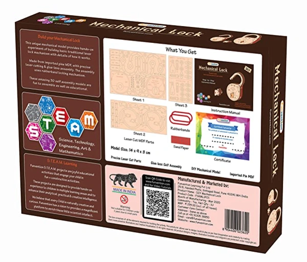 Funvention |DIY Mechanical Lock with Key - Build Working Lock Yourself - STEM Learning Utility Kit - Brown, 60+, Yes, No, Engineered Wood, 27 x 19 x 4 cm, Funvention, 250 grams, Shipping Charges will be added during checkout. Order will be shipped within 2-4 working days. Delivery time may vary due to COVID-19 , rainy season and delivery location.  TrackingID will be provided  to check the  real time status of delivery. For any further queries related to order, Kindly send what's app to PieceofPassion Custo