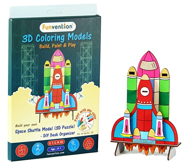 Funvention | Space Rocket - 3D Coloring Model - DIY Desk Organizer Pen Stand - STEM Leanring 3D Puzzle Toy -Art, Coloring and Painting Kit for Kids -Birthday Return Gift,3D Mechanical Do IT Yourself Toy - Multi, Yes, No, Engineered MDF Wood, 21 x 13 x 12 CM, Funvention, 200 grams, Shipping Charges will be added during checkout. Order will be shipped within 2-4 working days. Delivery time may vary due to COVID-19 , rainy season and delivery location.  TrackingID will be provided  to check the  real time stat