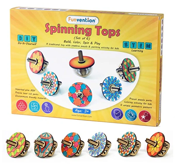 Funvention | Spinning Top Kits -Set of 6 DIY Coloring Puzzle for Kids-STEM Learning Toys Build-Color-Play Birthday Return Gift - Multi, Yes, No, Engineered MDF Wood, 27 x 19 x 4 cm, Funvention, 300 grams, Shipping Charges will be added during checkout. Order will be shipped within 2-4 working days. Delivery time may vary due to COVID-19 , rainy season and delivery location.  TrackingID will be provided  to check the  real time status of delivery. For any further queries related to order, Kindly send what's 