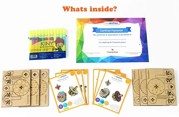 Funvention | Spinning Top Kits -Set of 6 DIY Coloring Puzzle for Kids-STEM Learning Toys Build-Color-Play Birthday Return Gift - Multi, Yes, No, Engineered MDF Wood, 27 x 19 x 4 cm, Funvention, 300 grams, Shipping Charges will be added during checkout. Order will be shipped within 2-4 working days. Delivery time may vary due to COVID-19 , rainy season and delivery location.  TrackingID will be provided  to check the  real time status of delivery. For any further queries related to order, Kindly send what's 