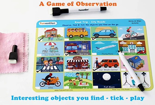 Funvention | for Little Scientist in Every Kid Educational Game Road Trip: Write and Wipe Activity Sheets -Observational Educational Game on The go - Yes, No, Plastic Flash Sheets, 27 x 19 x 4 cm, Funvention, 250 grams, Shipping Charges will be added during checkout. Order will be shipped within 2-4 working days. Delivery time may vary due to COVID-19 , rainy season and delivery location.  TrackingID will be provided  to check the  real time status of delivery. For any further queries related to order, Kind