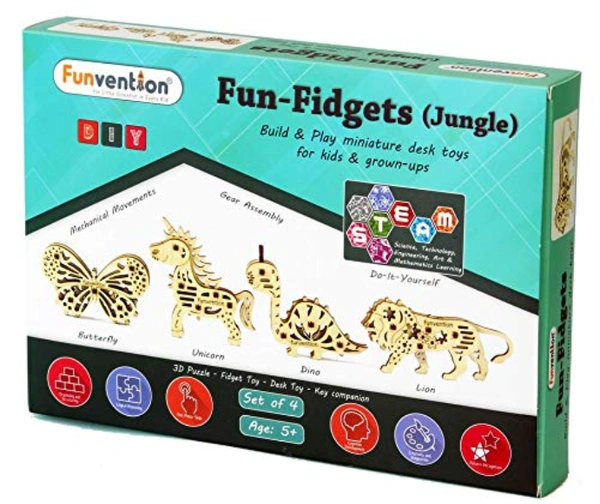 Funvention | for Little Scientist in Every Kid Fun Fidgets Jungle DIY Miniature Lion; Unicorn; Dino and Butterfly Mechanical Models STEM Learning 3D Puzzle Kit -Set of 4 - Multi, Yes, No, Engineered MDF Wood, 19 x 4 x 27 cm, Funvention, 350 grams, Shipping Charges will be added during checkout. Order will be shipped within 2-4 working days. Delivery time may vary due to COVID-19 , rainy season and delivery location.  TrackingID will be provided  to check the  real time status of delivery. For any further qu