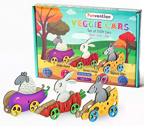 Funvention | Veggie Cars (Set of 3 DIY Vegetables Shaped Cars) Build, Color & Play DIY Puzzle Toy Cars for Kids Art & Craft Toy - Multi, Yes, No, Engineered MDF Wood, 24.8 x 18 x 3.2 cm, Funvention, 300 grams, Shipping Charges will be added during checkout. Order will be shipped within 2-4 working days. Delivery time may vary due to COVID-19 , rainy season and delivery location.  TrackingID will be provided  to check the  real time status of delivery. For any further queries related to order, Kindly send wh