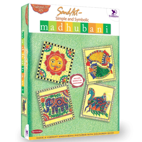 Toykraft | Simple and symbolic Madhubani | Sand art kit to make 4 traditional art pictures using coloured sand for 5+ years to adult. - Multi, Yes, No, Sand, Art Template, Toykraft, 400 grams, Shipping Charges will be added during checkout. Order will be shipped within 2-4 working days. Delivery time may vary due to COVID-19 , rainy season and delivery location.  TrackingID will be provided  to check the  real time status of delivery. For any further queries related to order, Kindly send what's app to Piece