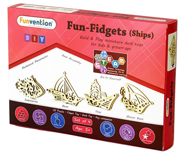 Funvention | for Little Scientist in Every Kid Fun Fidgets (Ships) Boat; Motor Boat; Ship and Submarine DIY Miniature Mechanical Models -Set of 4 STEM Learning Kit - Multi, Yes, No, Engineered MDF Wood, L 27 x B 4 x H 19 cm, Funvention, 300 grams, Shipping Charges will be added during checkout. Order will be shipped within 2-4 working days. Delivery time may vary due to COVID-19 , rainy season and delivery location.  TrackingID will be provided  to check the  real time status of delivery. For any further qu