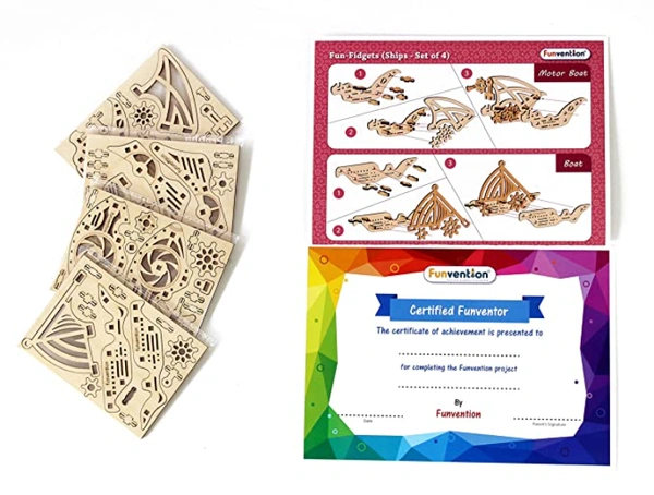 Funvention | for Little Scientist in Every Kid Fun Fidgets (Ships) Boat; Motor Boat; Ship and Submarine DIY Miniature Mechanical Models -Set of 4 STEM Learning Kit - Multi, Yes, No, Engineered MDF Wood, L 27 x B 4 x H 19 cm, Funvention, 300 grams, Shipping Charges will be added during checkout. Order will be shipped within 2-4 working days. Delivery time may vary due to COVID-19 , rainy season and delivery location.  TrackingID will be provided  to check the  real time status of delivery. For any further qu