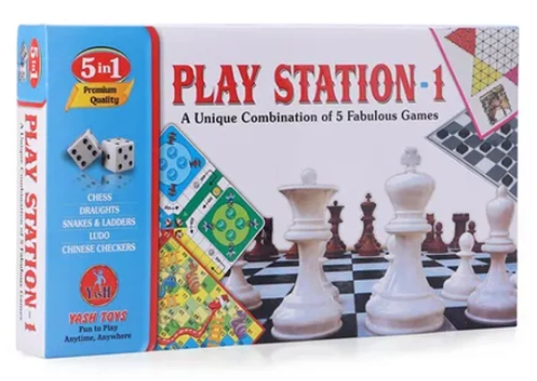 Yash Toys | 5 in 1 Play Station 1 Game - Multicolor - Multi, No, No, Cardboard, Paper, L 23 x B 39.5 x H 5 cm, Yash Toys, 250 grams, This set includes chess, draughts, snakes & ladders, Ludo, Chinese checkers Promotes child's cognitive development Develops social skills and communication as it is a group activity, 1 Board Game, Unisex, 6+ Years, Brand - Yash Toys Type - Board game Age - 6 Years+ Players - 2 to 4 Material - Cardboard Box Dimensions - L 23 x B 39.5 x H 5 cm