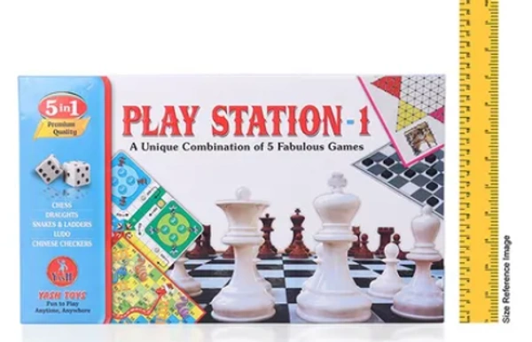 Yash Toys | 5 in 1 Play Station 1 Game - Multicolor - Multi, No, No, Cardboard, Paper, L 23 x B 39.5 x H 5 cm, Yash Toys, 250 grams, This set includes chess, draughts, snakes & ladders, Ludo, Chinese checkers Promotes child's cognitive development Develops social skills and communication as it is a group activity, 1 Board Game, Unisex, 6+ Years, Brand - Yash Toys Type - Board game Age - 6 Years+ Players - 2 to 4 Material - Cardboard Box Dimensions - L 23 x B 39.5 x H 5 cm